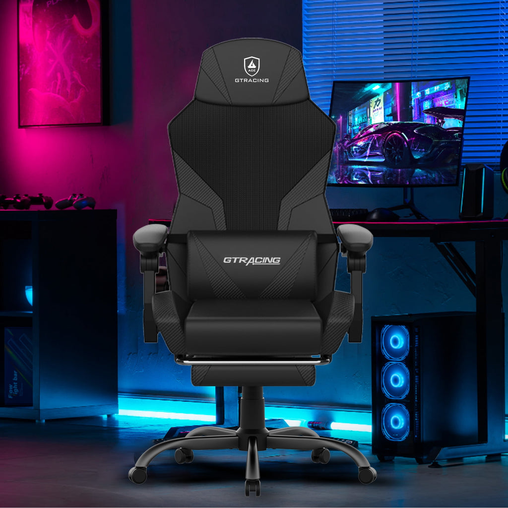 GTRACING LUFT-400 Mesh & Faux Leather Office Gaming Chair with Footrest, Black