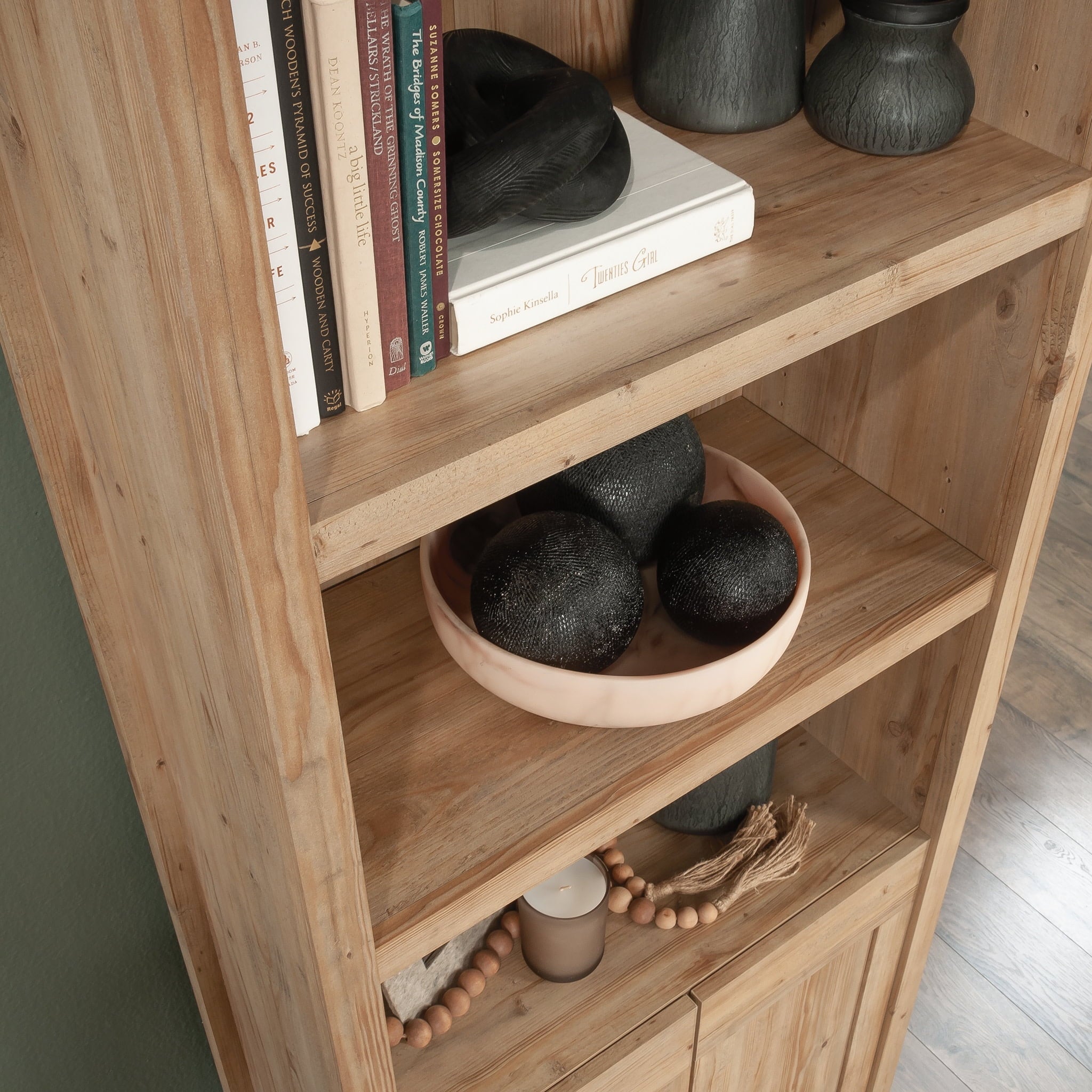 Sauder Select Engineered Wood Bookcase with Doors in Khaki Pine Finish