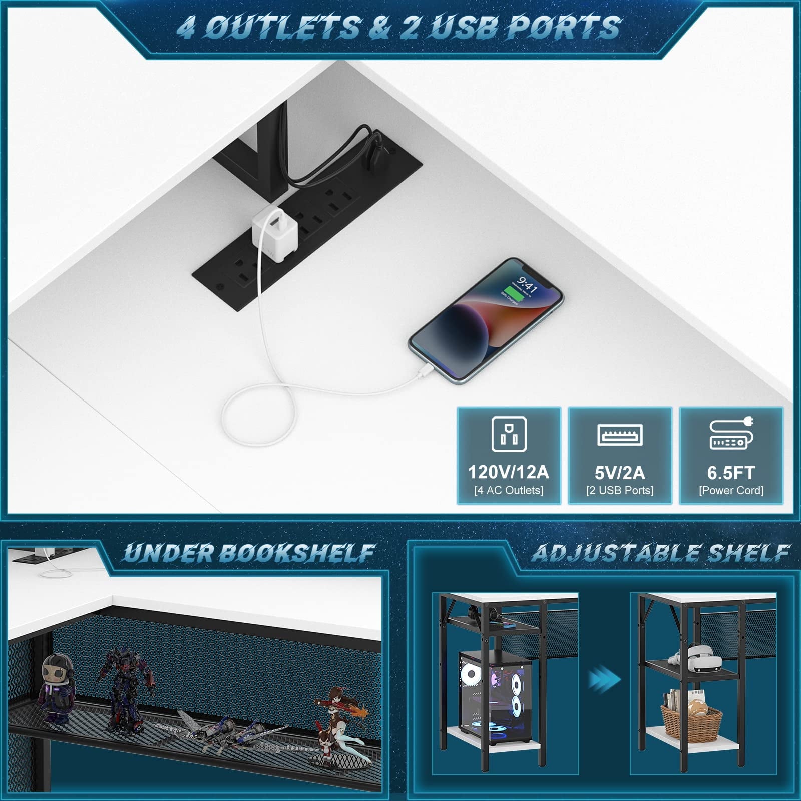 Aheaplus Reversible L Shaped Computer Desk, Corner Office Desk with Monitor Stand and Storage Shelf, Sturdy Ergonomic Gaming Table with Smart Strip Light and Power Outlets