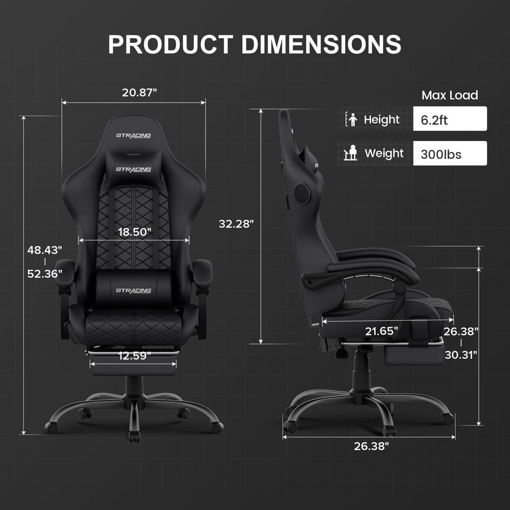 GTRACING GTW-100 Reclining Gaming Chair with Bluetooth, Adjustable Pillows and Footrest, Black