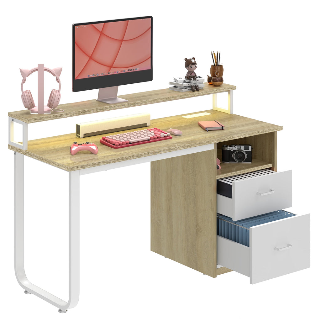 Uforic 47" Computer Desk with Storage Drawers & LED Light, Office Desk with Power Outlets, for Small Spaces, Oak