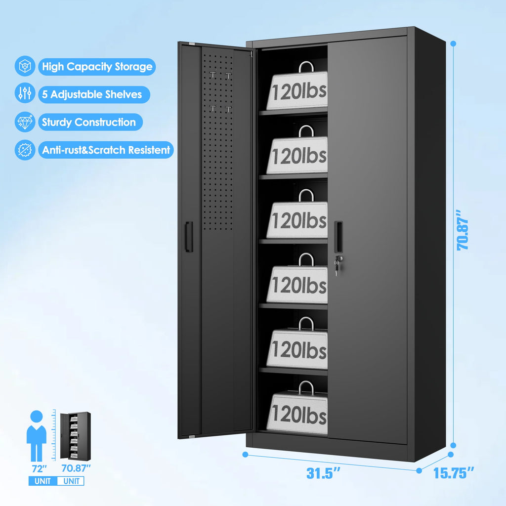 GangMei 71 Inches Tall Metal Garage Storage Cabinets with 5 Adjustable Shelves & Pegboards, Lockable Steel Black Storage Cabinet with Doors for Office, Home, School, Shops, Garage, Assembly required
