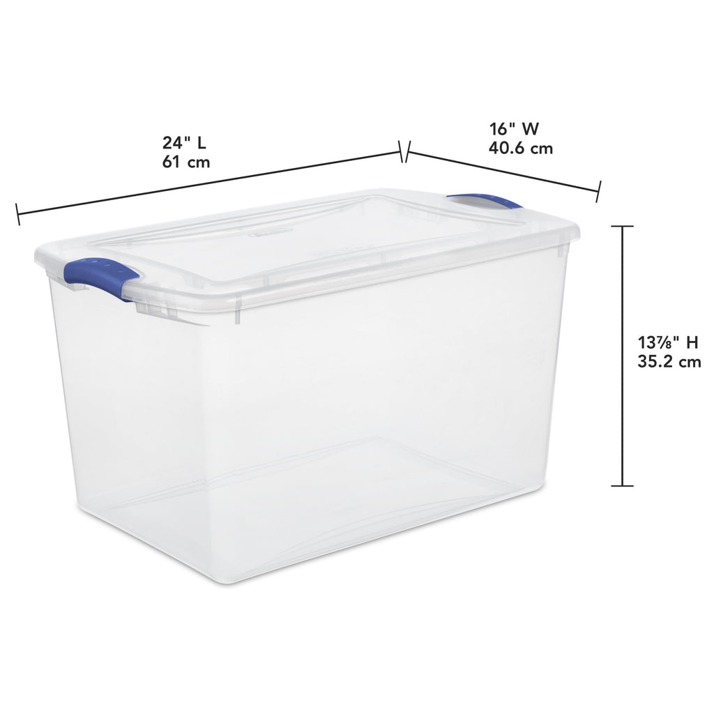 Sterilite Large Storage Bin, 66 Quart Clear Plastic Storage Container with Latch Lid, Blue
