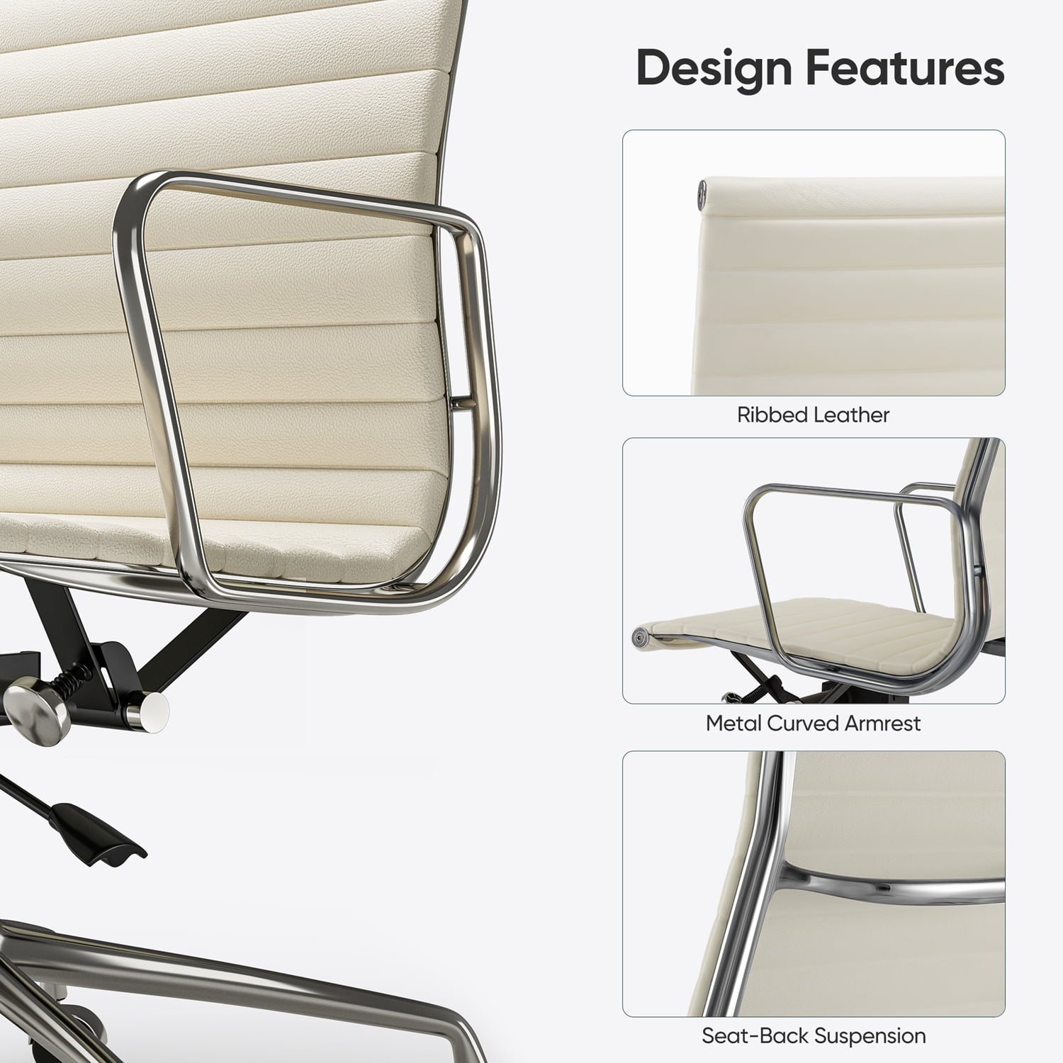 High-Back Ergonomic Ribbed Office Chair Leather Task Chair Desk Chair,Height Adjustable,Swing Function,White 1pc