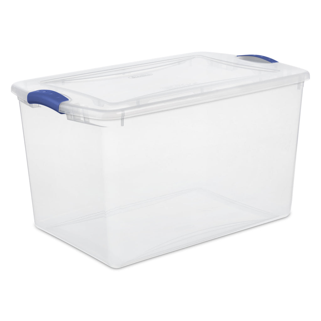 Sterilite Large Storage Bin, 66 Quart Clear Plastic Storage Container with Latch Lid, Blue