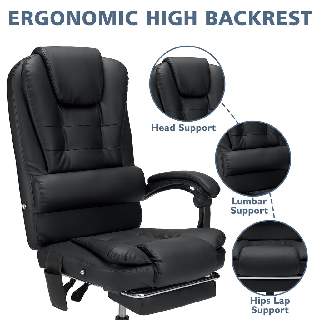 Hoffree Executive Office Chair Massage High Back Leather Office Chair with Footrest Reclining Computer Desk Chair Lumbar Back Support Swivel Rolling for Home Office Black
