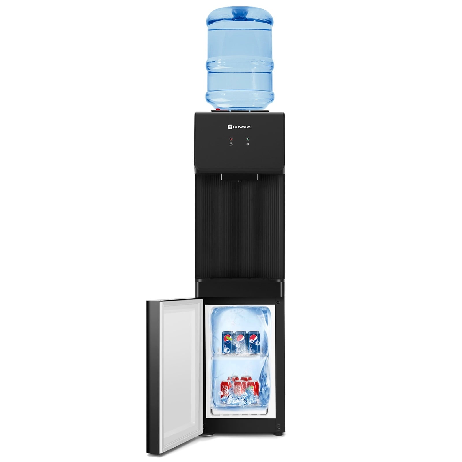 COSVALVE 5 Gallon Hot & Cold Top Loading Water Dispenser Cooler with Freezer Cabinet, Child Safety Lock