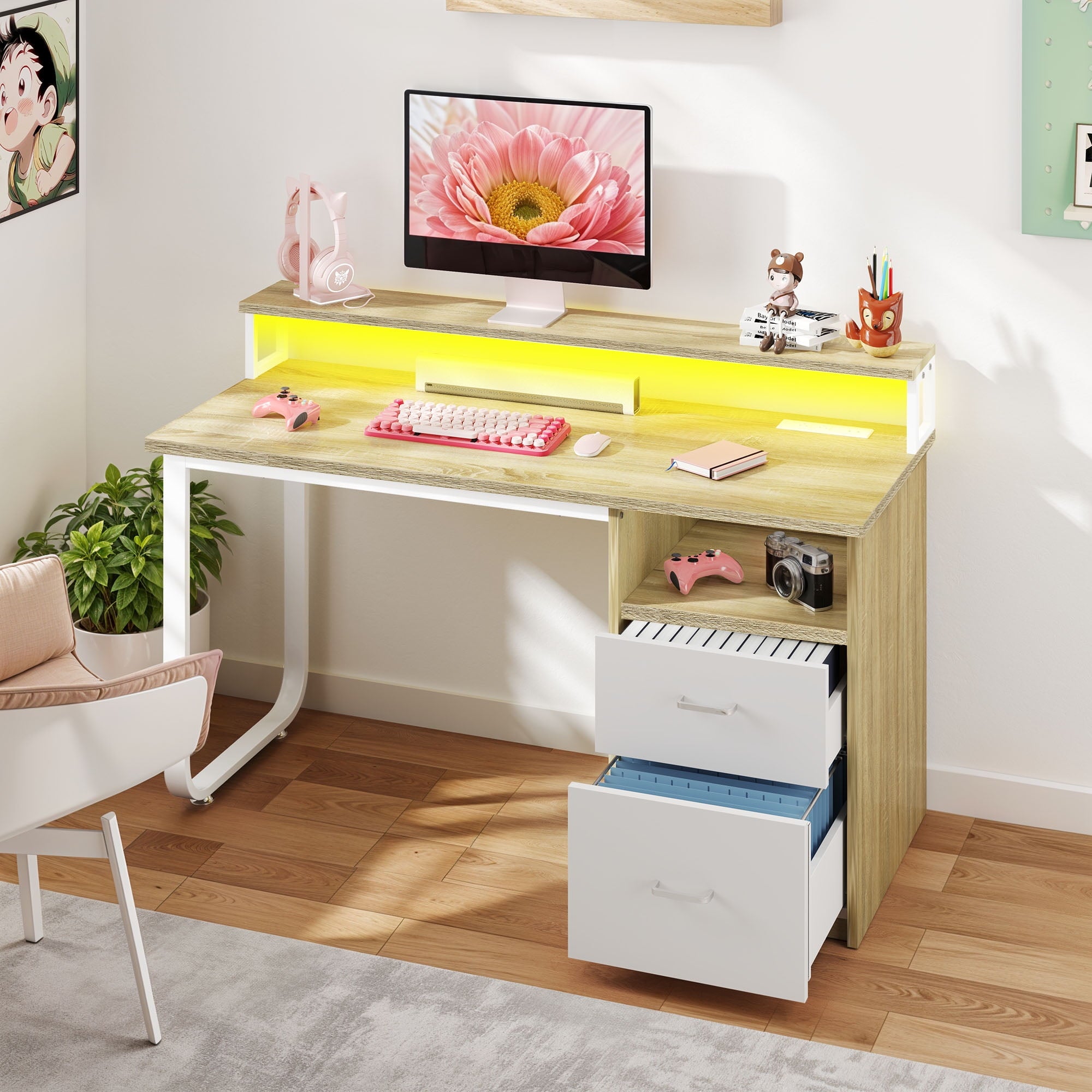 Uforic 47" Computer Desk with Storage Drawers & LED Light, Office Desk with Power Outlets, for Small Spaces, Oak