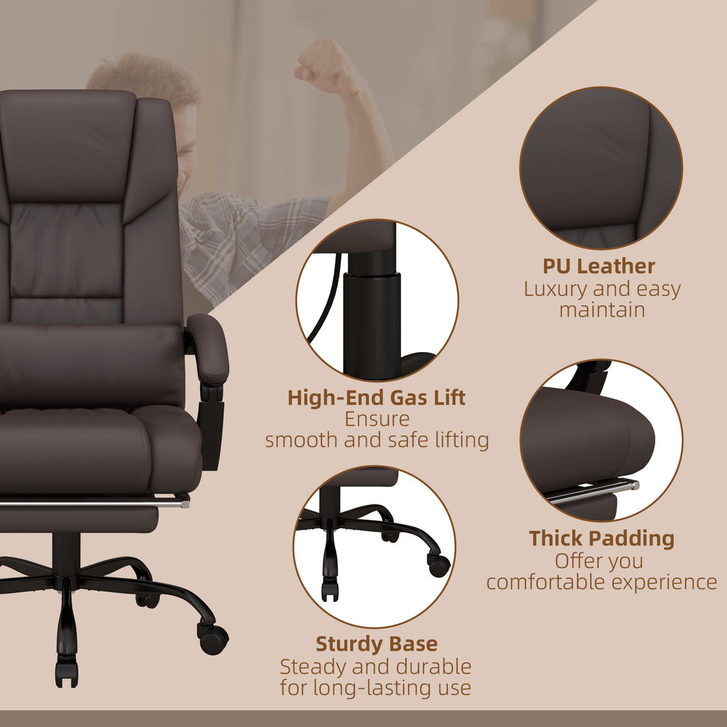 Vinsetto High Back Massage Office Chair with 6 Vibration Points, PU Leather Reclining Computer Chair, Ergonomic Desk Chair with Footrest Adjustable Height and Remote, Brown