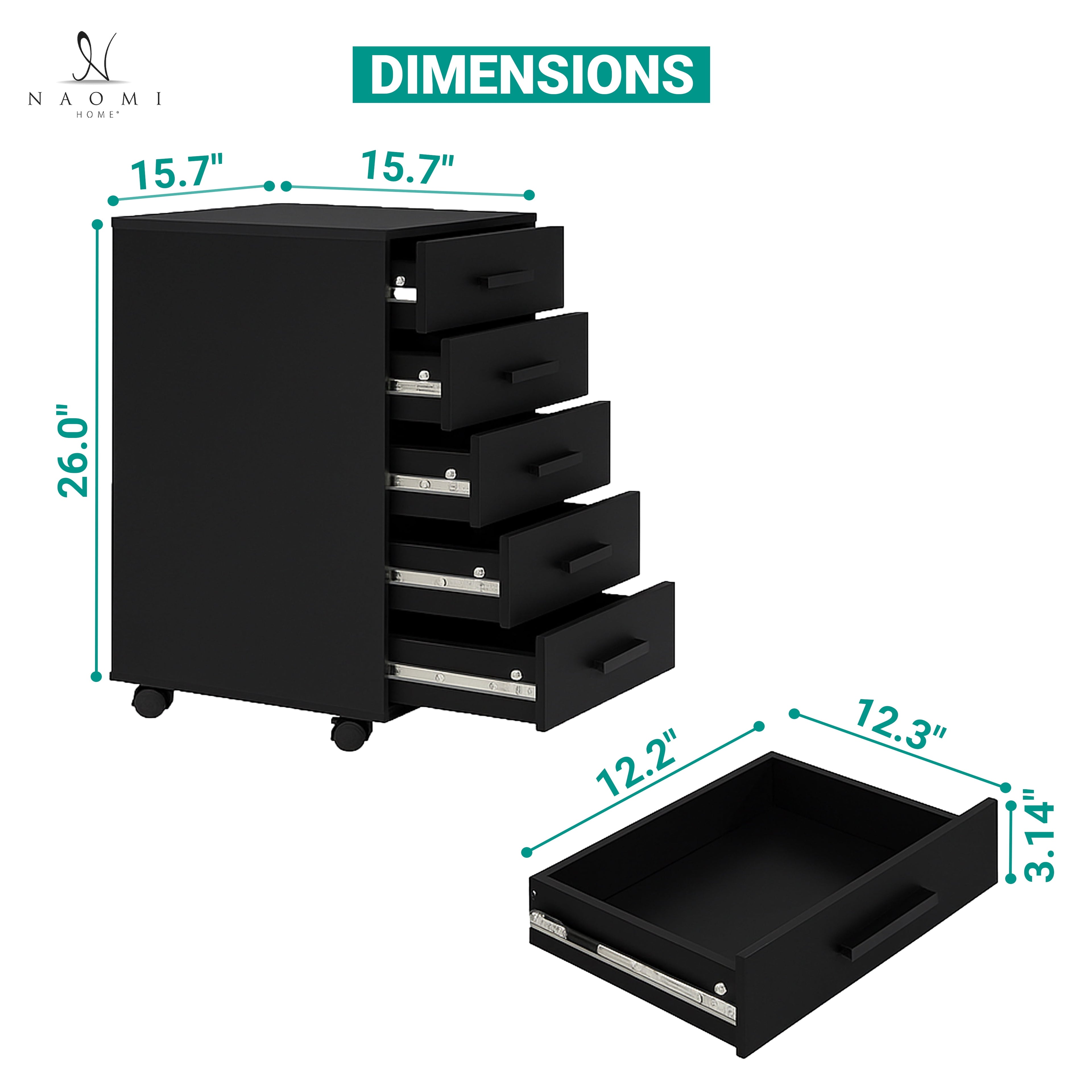 Naomi Home 5-Drawer Rolling File Cabinet with Lockable Casters, Black