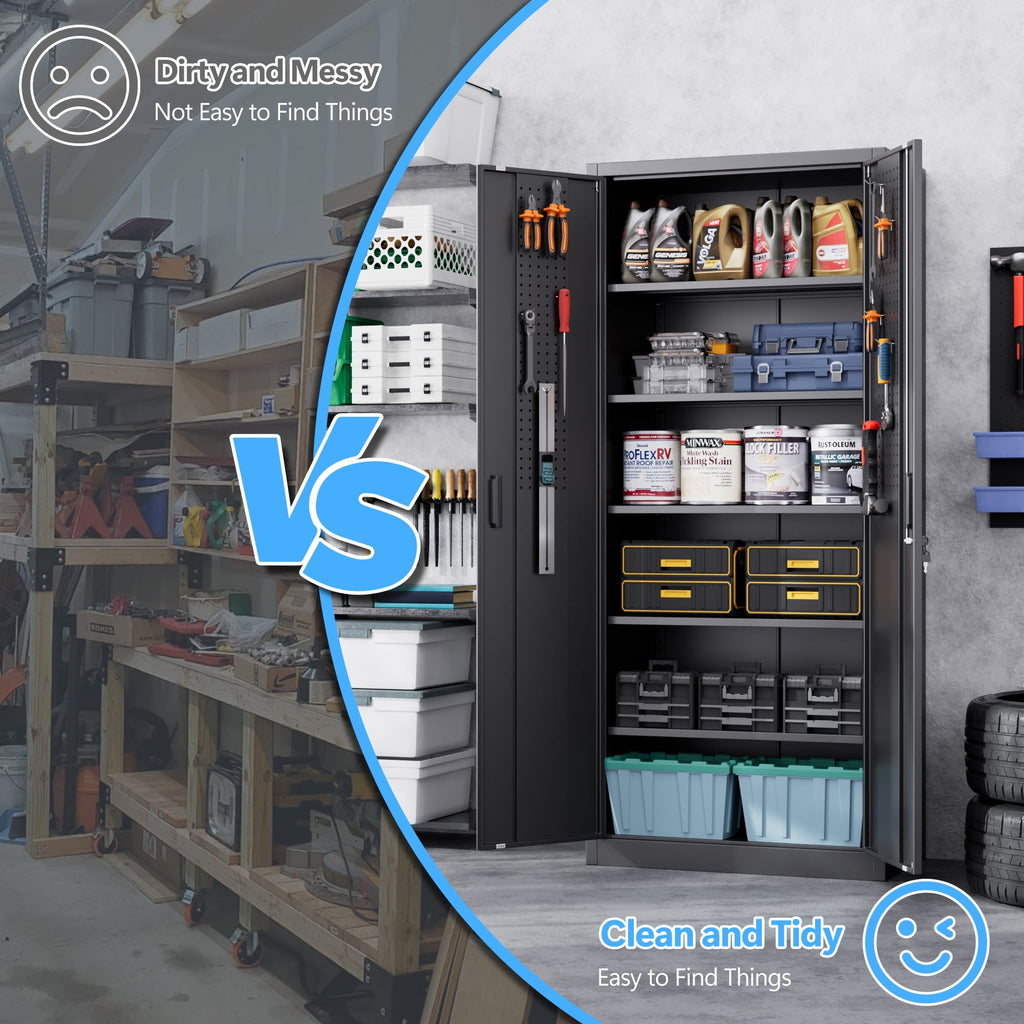 GangMei 71 Inches Tall Metal Garage Storage Cabinets with 5 Adjustable Shelves & Pegboards, Lockable Steel Black Storage Cabinet with Doors for Office, Home, School, Shops, Garage, Assembly required