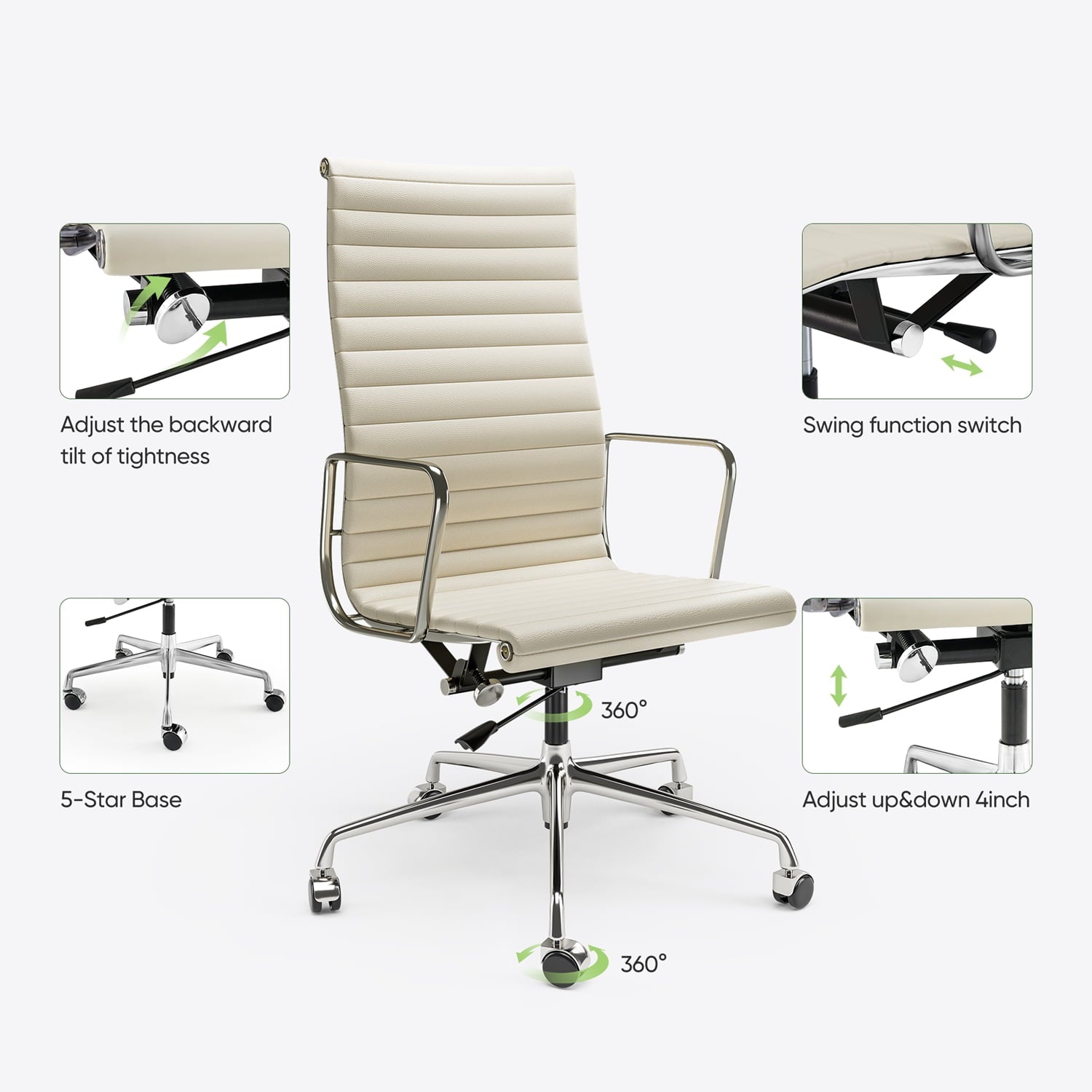 High-Back Ergonomic Ribbed Office Chair Leather Task Chair Desk Chair,Height Adjustable,Swing Function,White 1pc