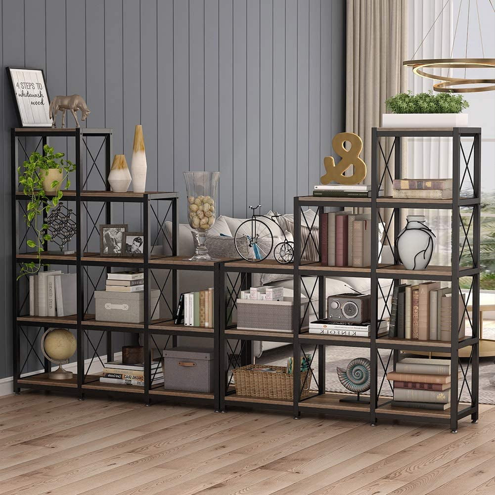12 Shelves Bookshelf, Industrial Ladder Corner Bookshelf 9 Cubes Stepped Etagere Bookcase, Rustic 5-Tier Display Shelf Storage Organizer for Home Office