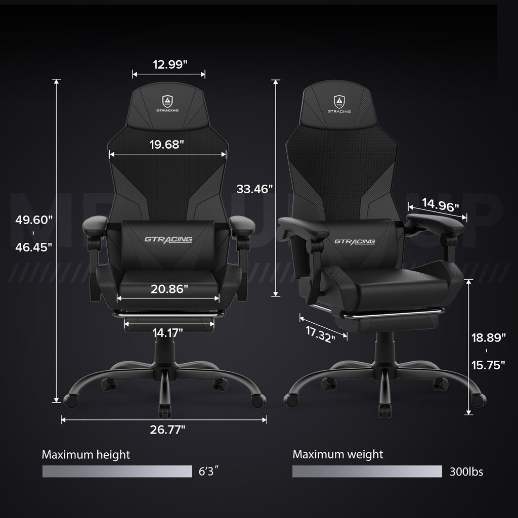 GTRACING LUFT-400 Mesh & Faux Leather Office Gaming Chair with Footrest, Black