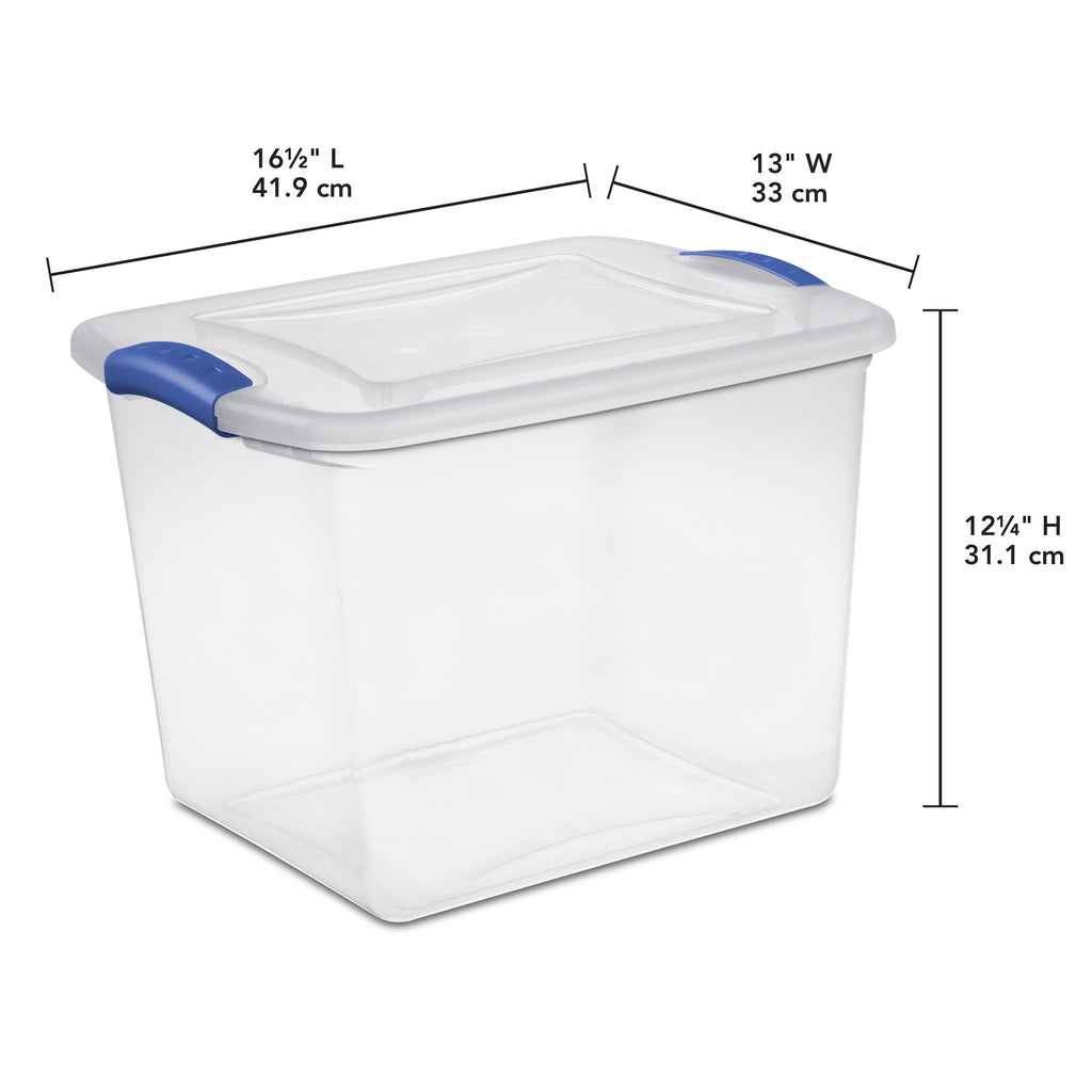 Sterilite Small Storage Bin, 27 Quart Clear Plastic Storage Container with Latch Lid, Blue