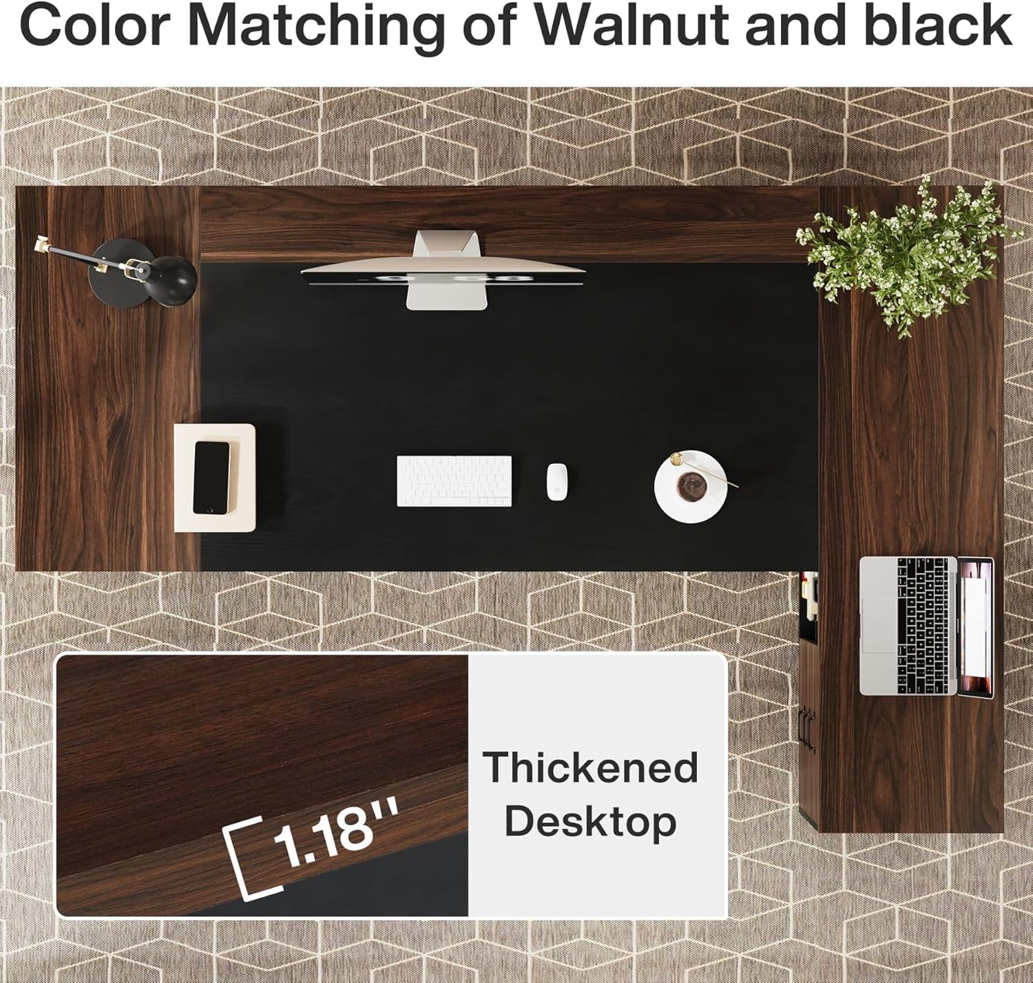 Tribesigns L-Shaped Executive Desk, 78" Modern Office Desk with Drawers and Lateral File Cabinet, Workstation for Home Office (Walnut + Black)