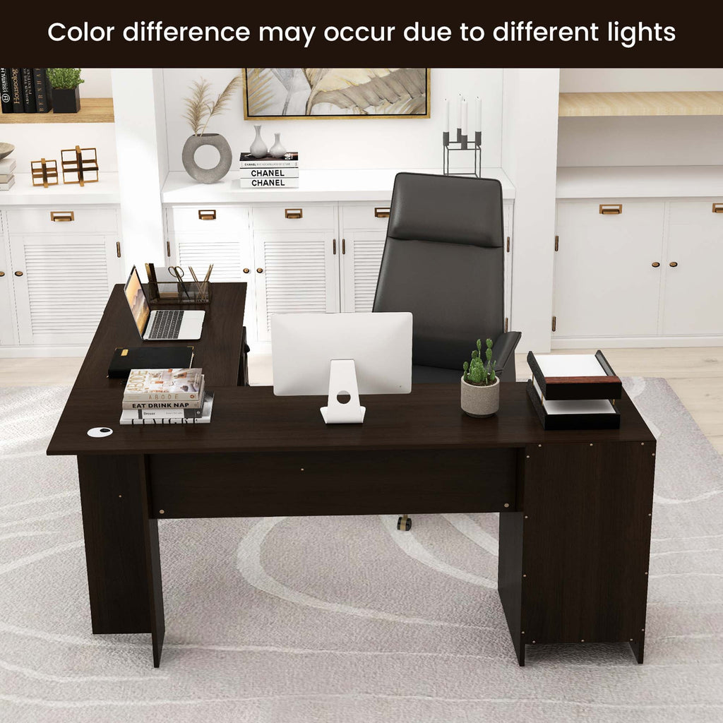 Costway L-Shaped Corner Computer Desk Writing Table Study Workstation w/ Drawers Coffee