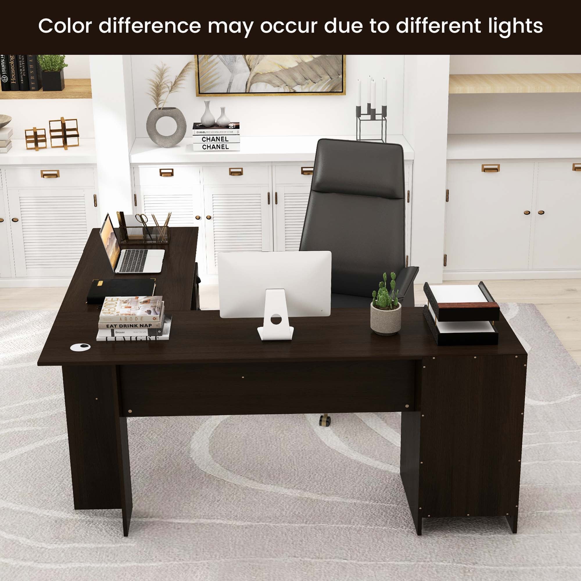 Costway L-Shaped Corner Computer Desk Writing Table Study Workstation w/ Drawers Coffee