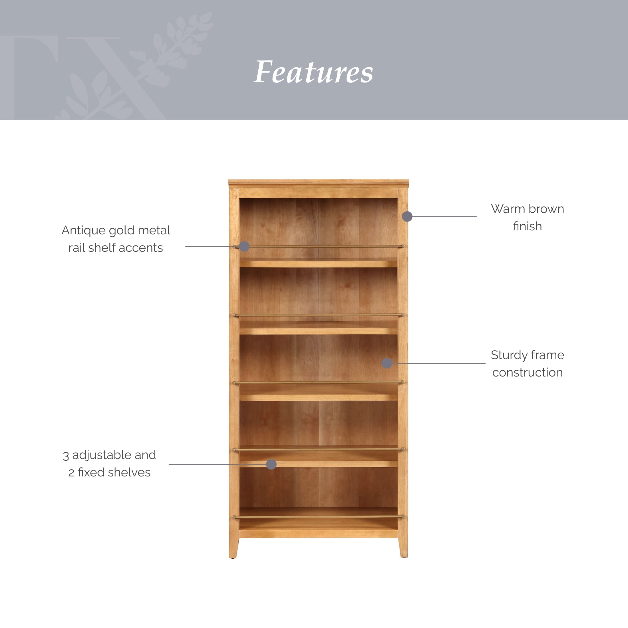 My Texas House Haven 5-Shelf Bookcase, Warm Brown Finish