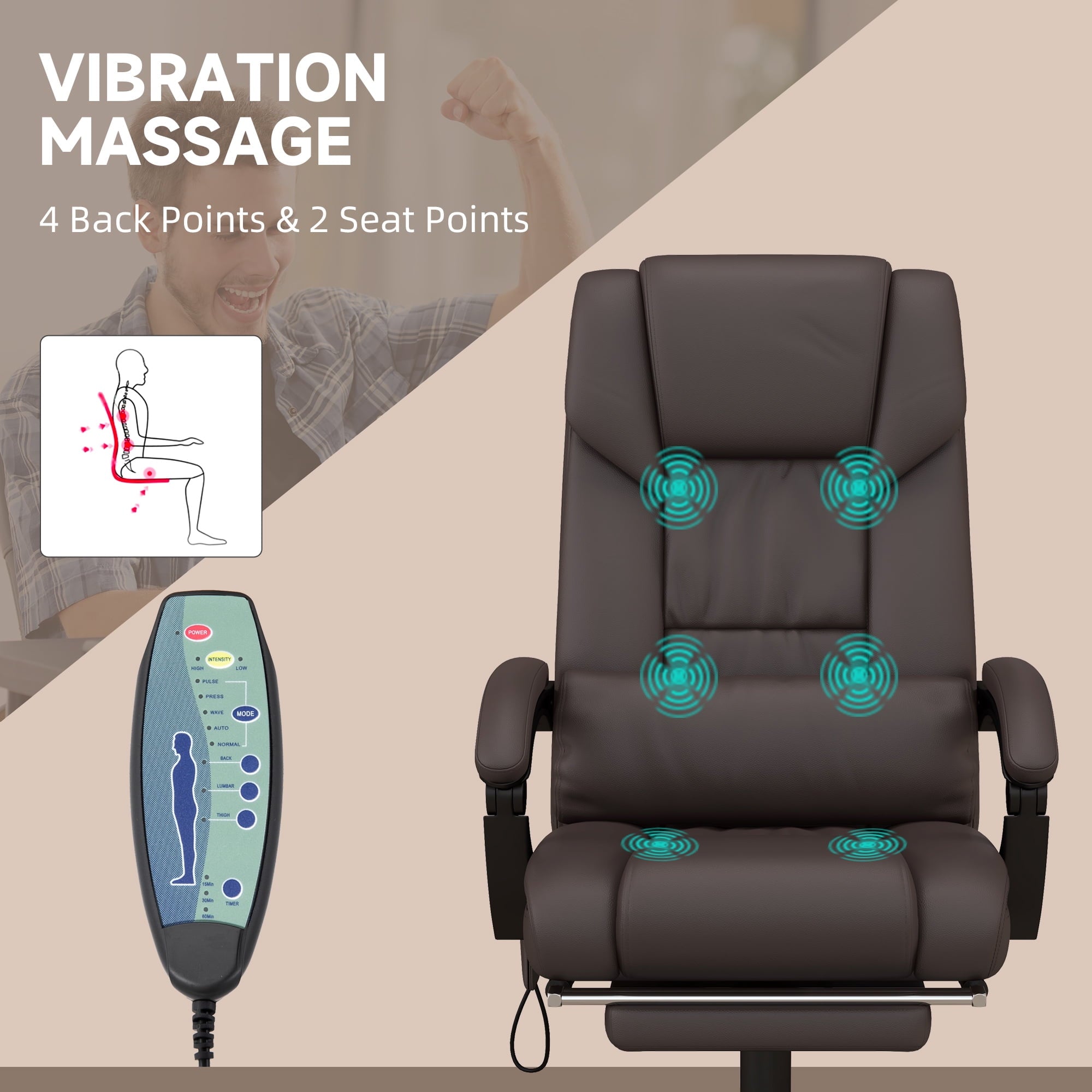 Vinsetto High Back Massage Office Chair with 6 Vibration Points, PU Leather Reclining Computer Chair, Ergonomic Desk Chair with Footrest Adjustable Height and Remote, Brown