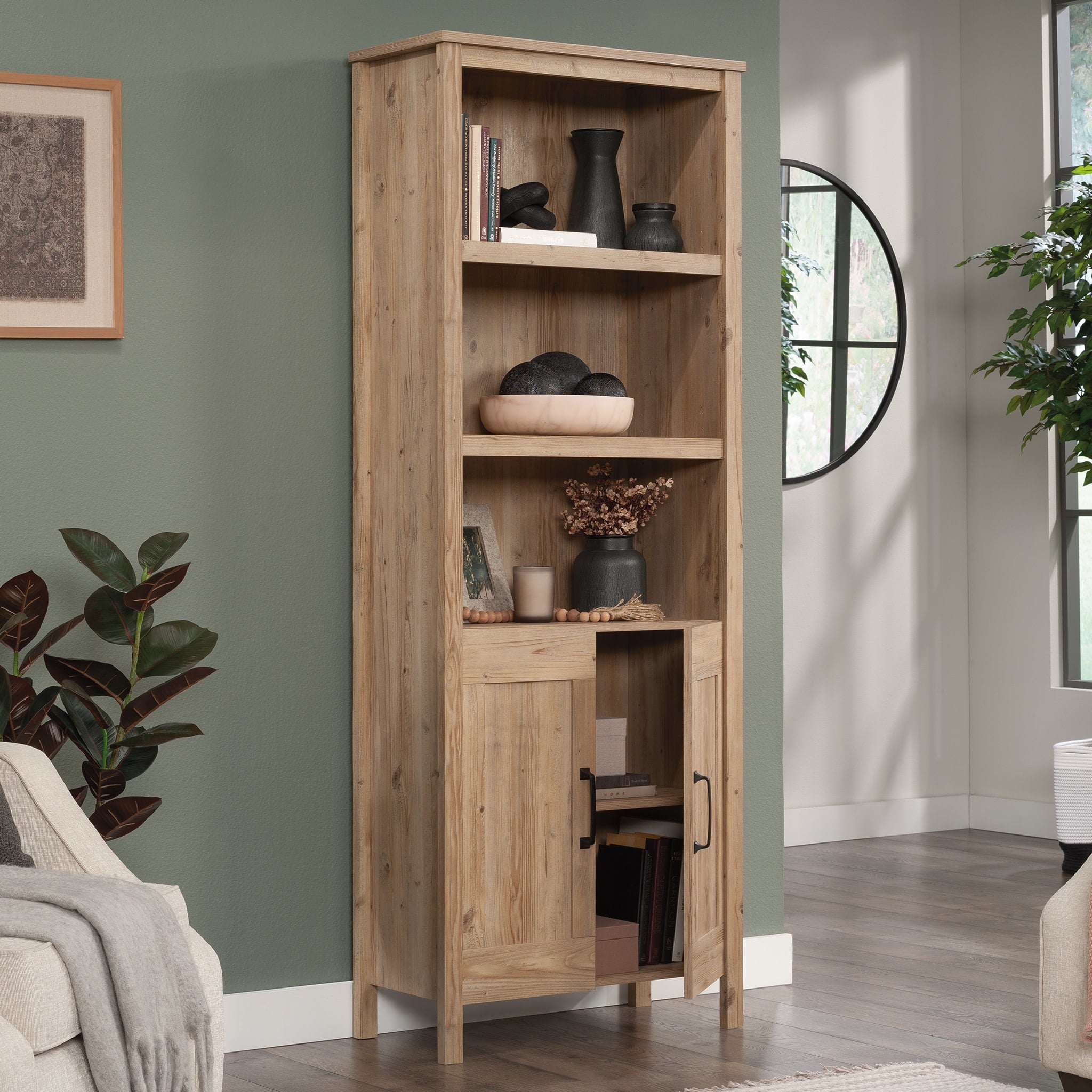 Sauder Select Engineered Wood Bookcase with Doors in Khaki Pine Finish