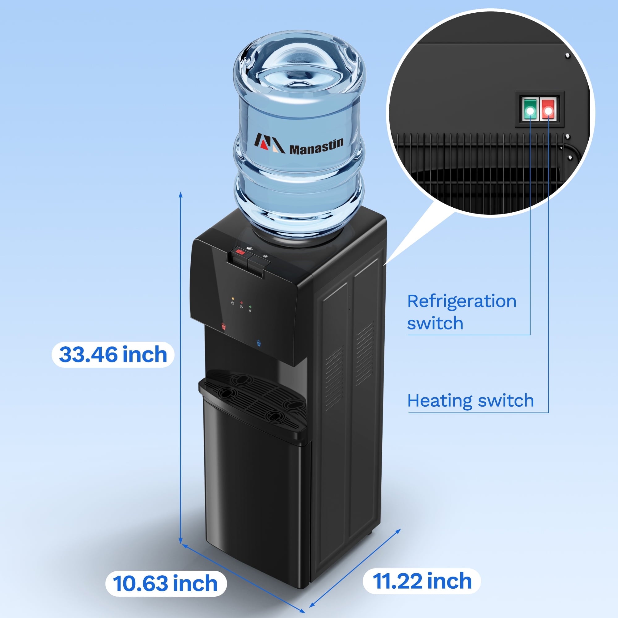 Manastin Top Loading Double Temperature Water Dispenser for 3 or 5 Gallon Bottles, Safety Lock, Detachable Water Tray, Stylish Black