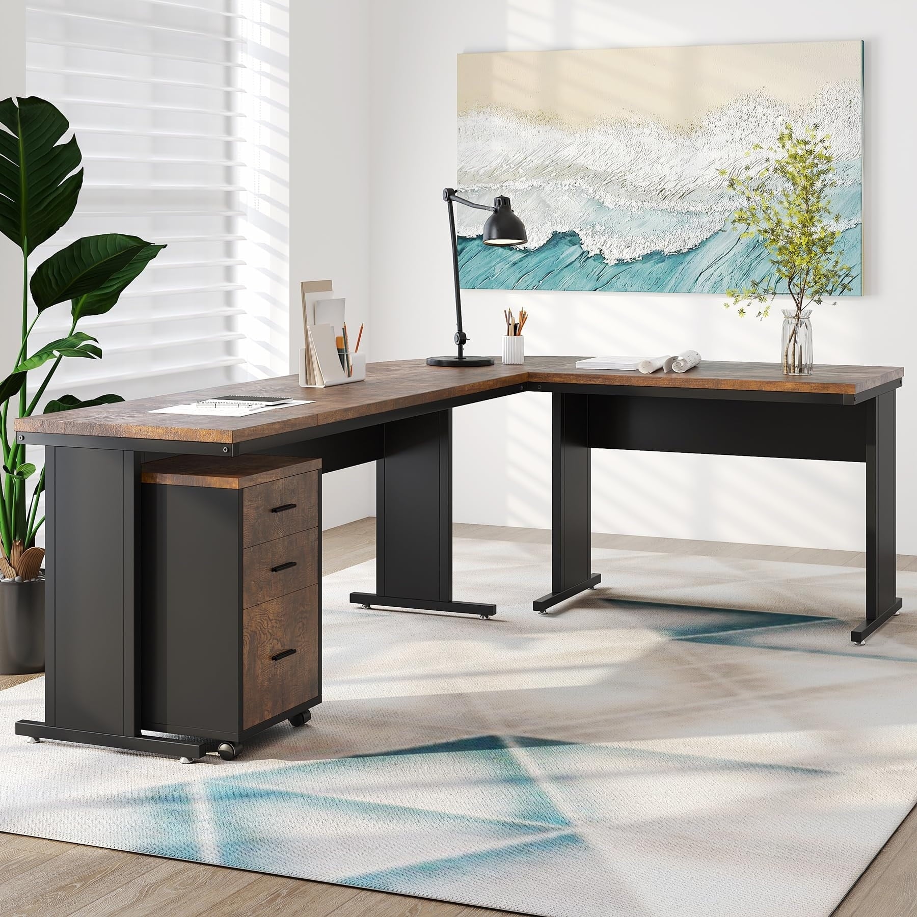 83" L-Shaped Executive Desk, Large L Office Desk with 3-Drawer Mobile File Cabinet, Business Furniture Desk Workstation Brown
