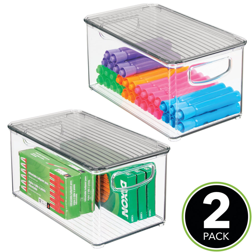 mDesign Plastic Office Storage Bin Box with Lid and Handles, 2 Pack, Clear/Gray
