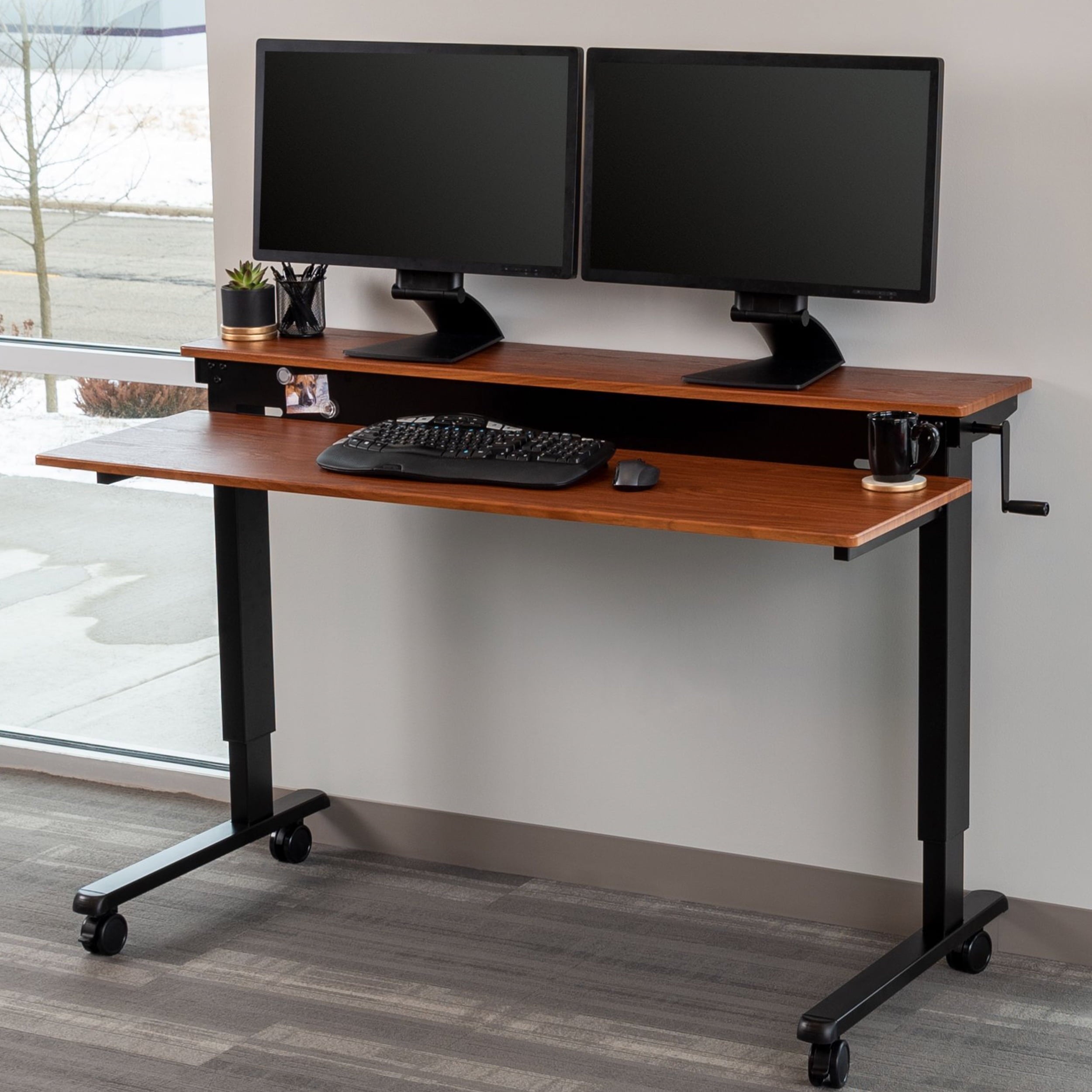 Stand Up Desk Store Crank Adjustable Two Tier Standing Desk with Heavy Duty Steel Frame (Black Frame/Teak Top, 60" Wide)