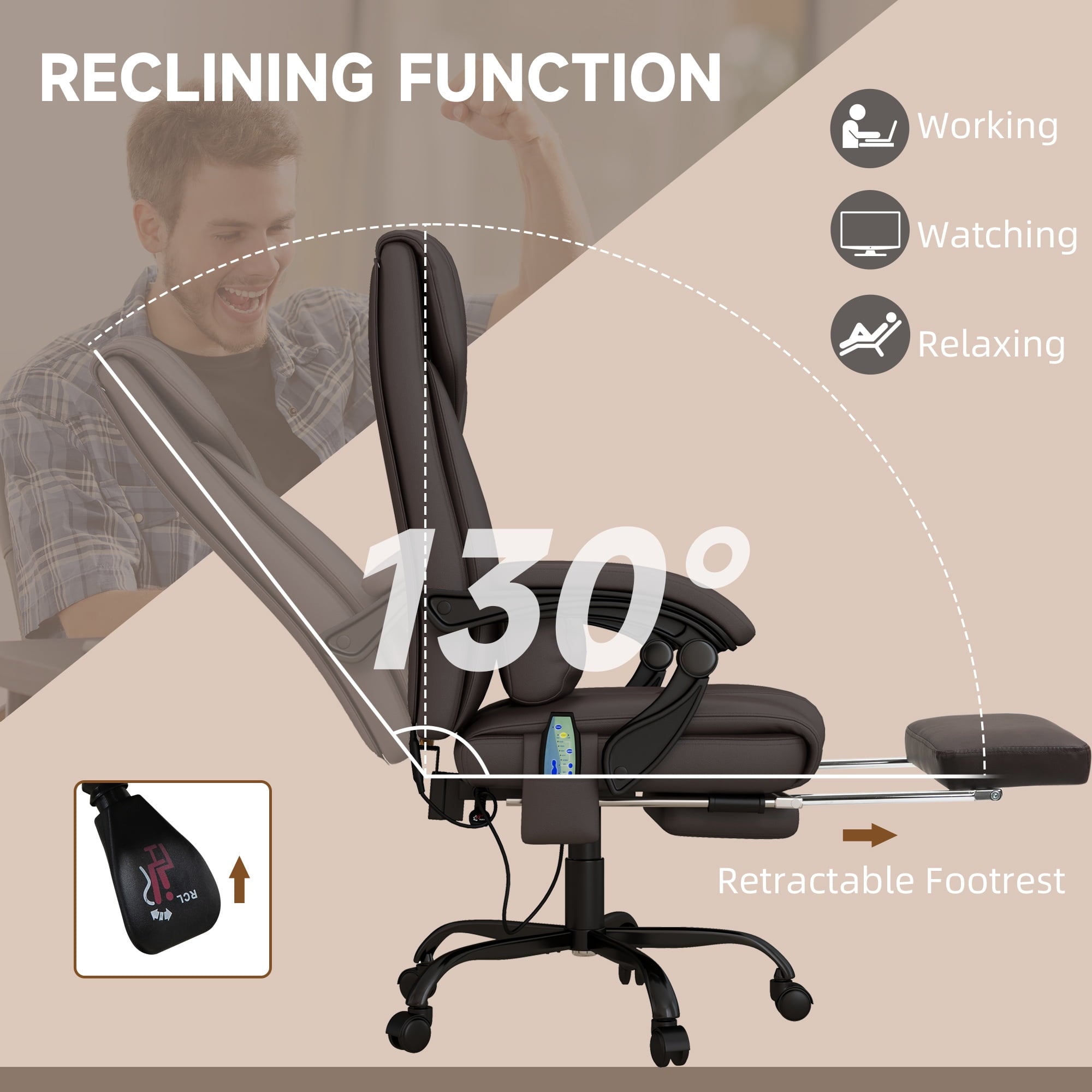 Vinsetto High Back Massage Office Chair with 6 Vibration Points, PU Leather Reclining Computer Chair, Ergonomic Desk Chair with Footrest Adjustable Height and Remote, Brown