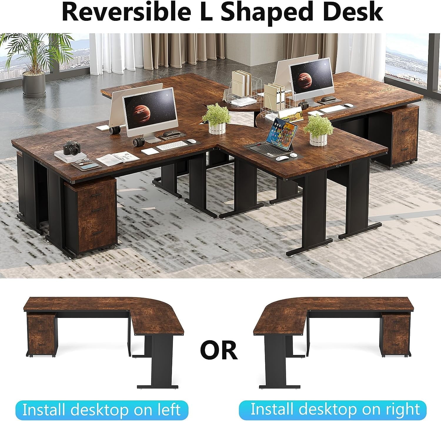 Tribesigns 83" L-Shaped Executive Desk, Large Office Desk with 3-Drawer Mobile File Cabinet, Industrial Corner Computer Desk with Storage Drawers for Home Office, Rustic Brown