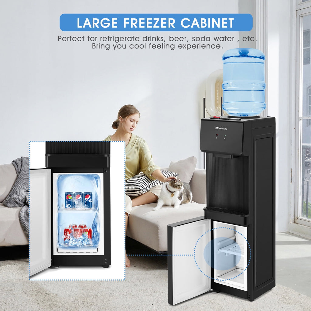 COSVALVE 5 Gallon Hot & Cold Top Loading Water Dispenser Cooler with Freezer Cabinet, Child Safety Lock