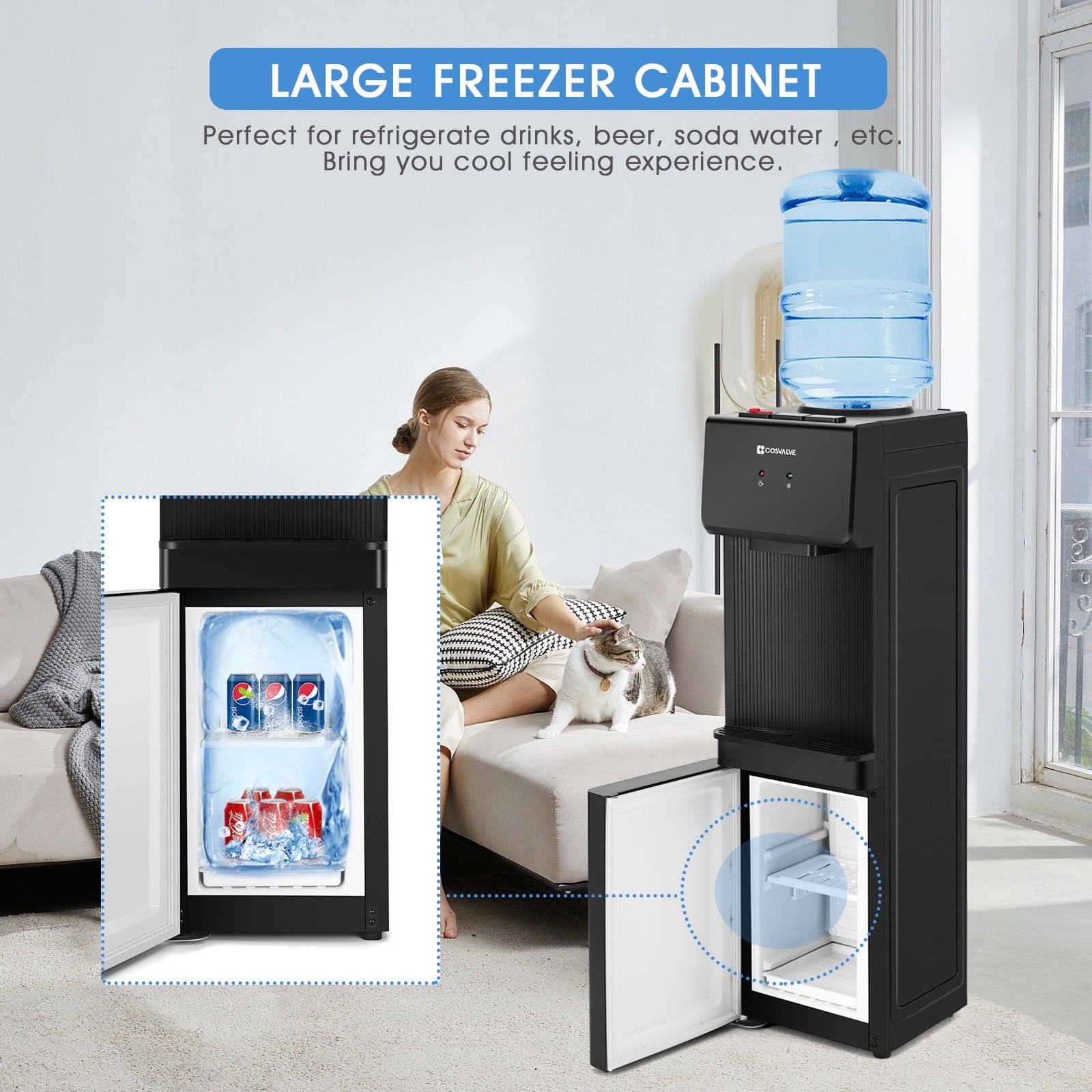 COSVALVE 5 Gallon Hot & Cold Top Loading Water Dispenser Cooler with Freezer Cabinet, Child Safety Lock