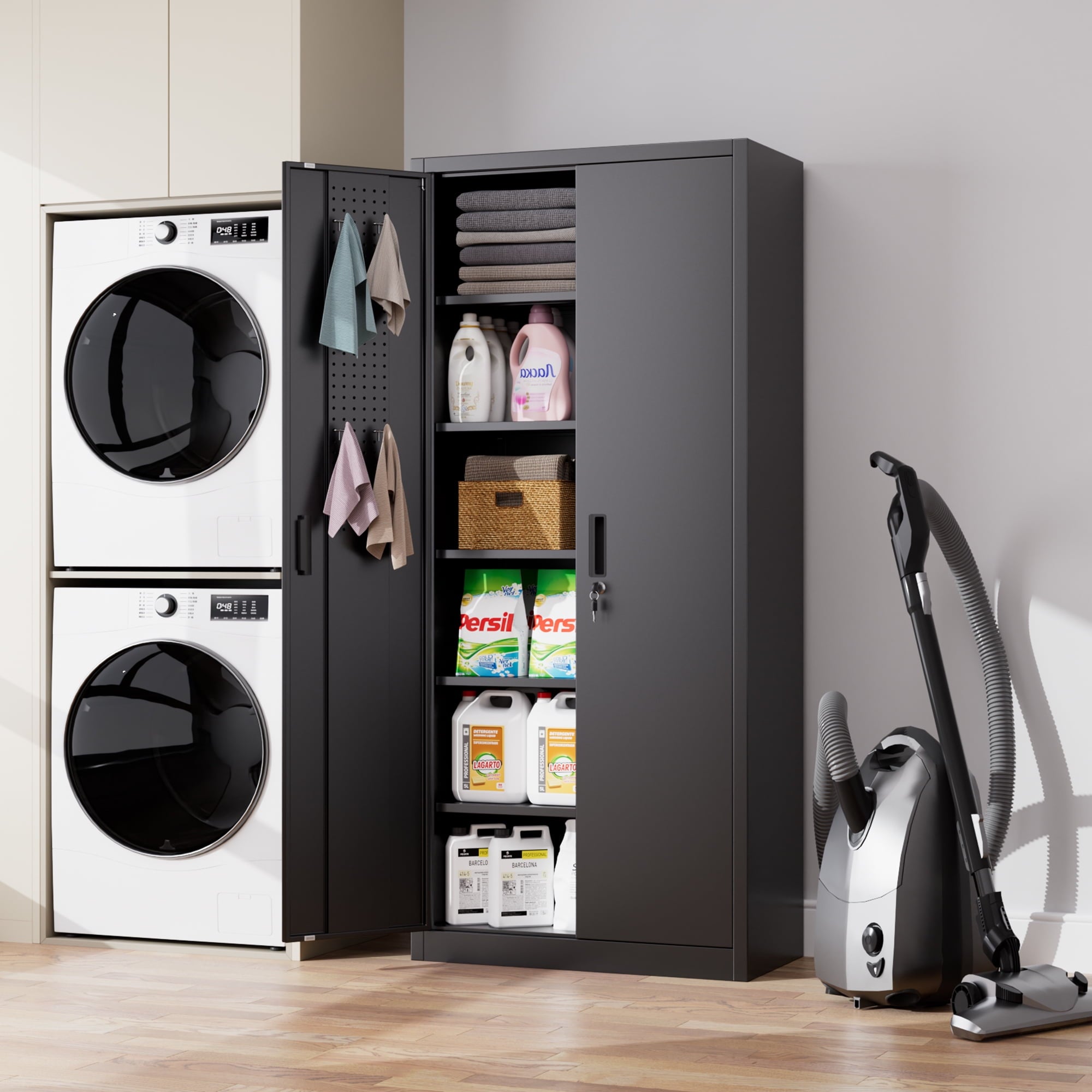 GangMei 71 Inches Tall Metal Garage Storage Cabinets with 5 Adjustable Shelves & Pegboards, Lockable Steel Black Storage Cabinet with Doors for Office, Home, School, Shops, Garage, Assembly required