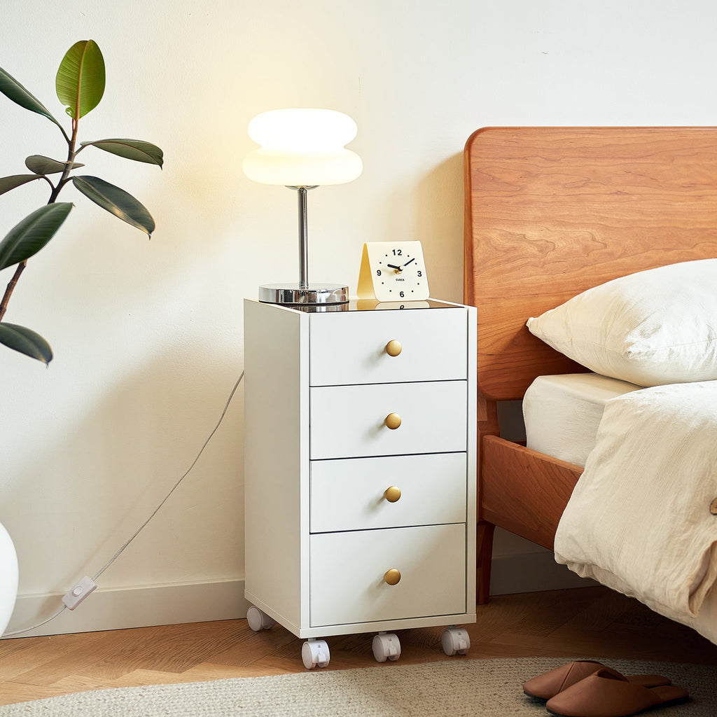 Cyehnenx Under Desk Storage, Chest of 4 Drawers Under the Desk, Home Office Storage Cabinet with Glass Top, Small Mobile Printer Stand with Lockable Wheels for Home Office Study, White