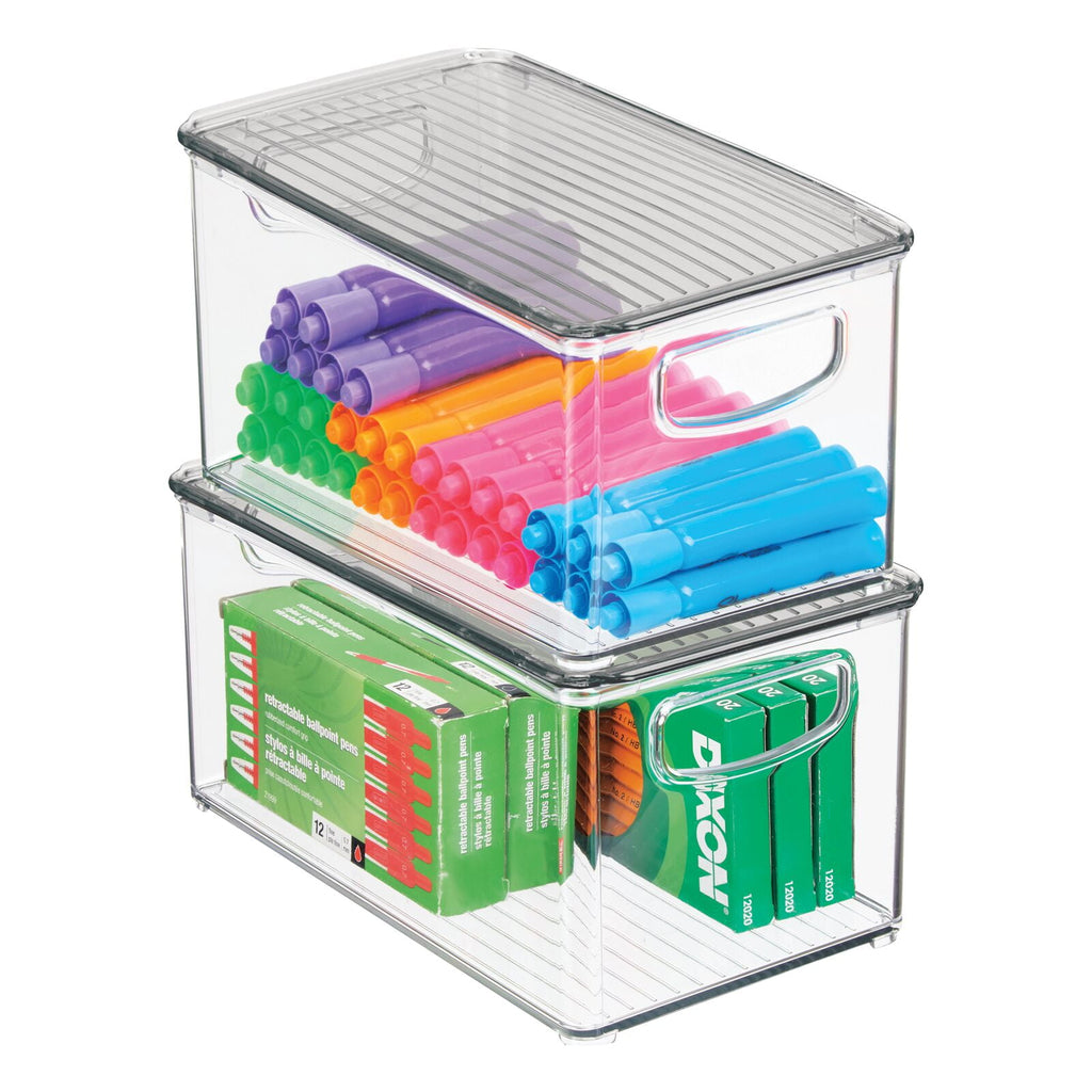 mDesign Plastic Office Storage Bin Box with Lid and Handles, 2 Pack, Clear/Gray