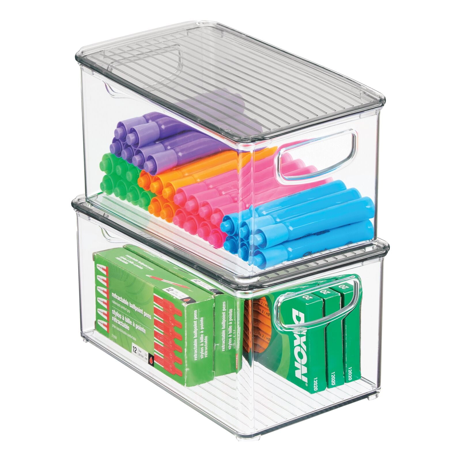 mDesign Plastic Office Storage Bin Box with Lid and Handles, 2 Pack, Clear/Gray